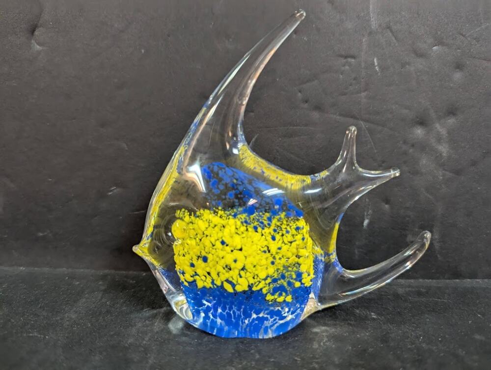 Vintage Murano Style Art Glass Yellow Blue Fish Figurine Paperweight